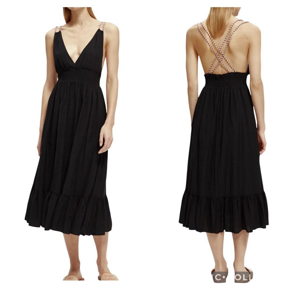 New SCOTCH & SODA Black Smocked Double Strap Tiered Midi Dress Sz FR 40 / US 10